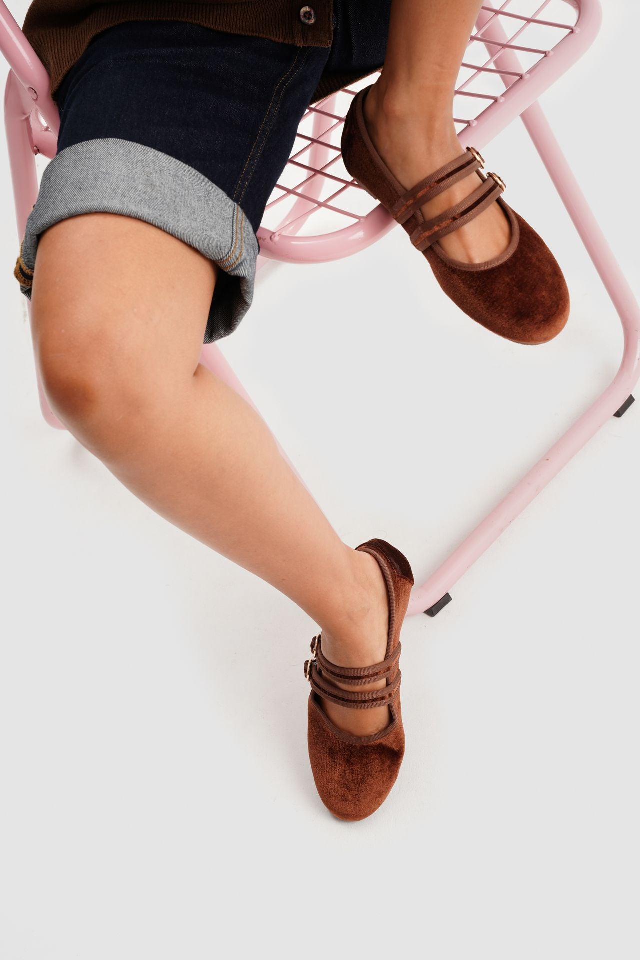 MARY JANE DOUBLE STRAP VELVET BROWN