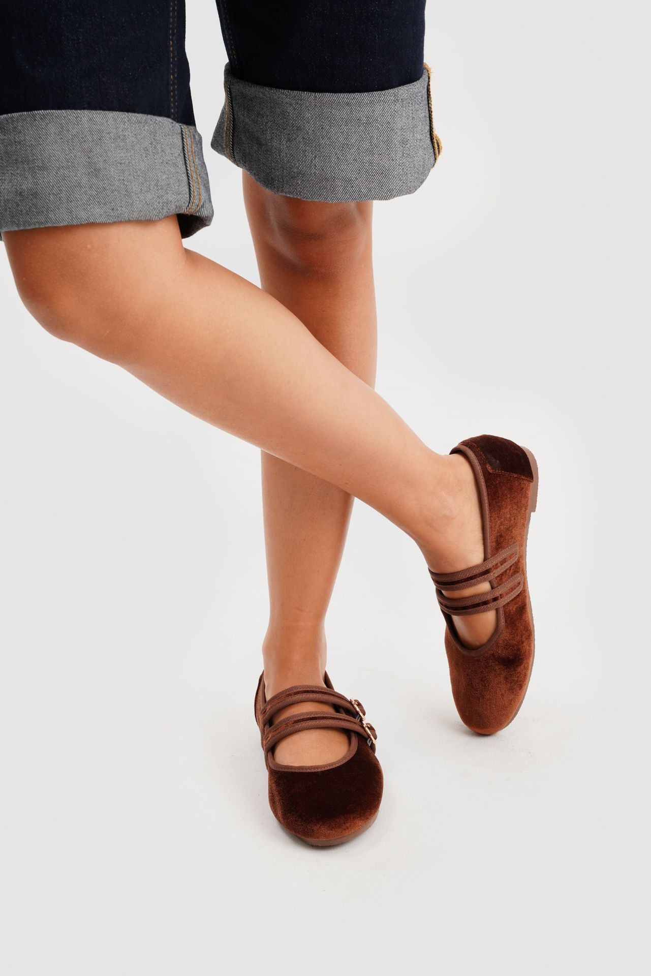 MARY JANE DOUBLE STRAP VELVET BROWN