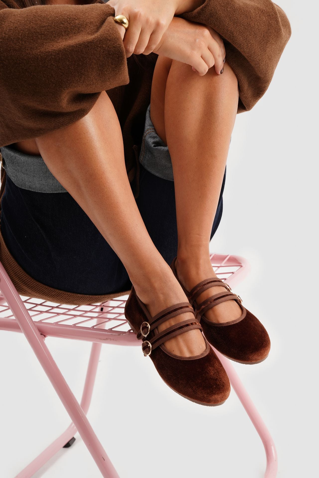 MARY JANE DOUBLE STRAP VELVET BROWN